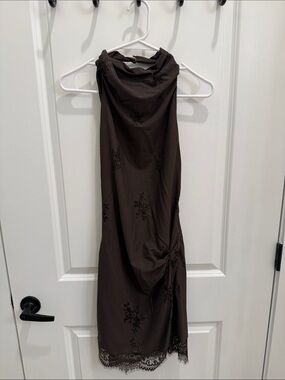 Zara Brown Sleeveless Midi Dress with Lace Hem